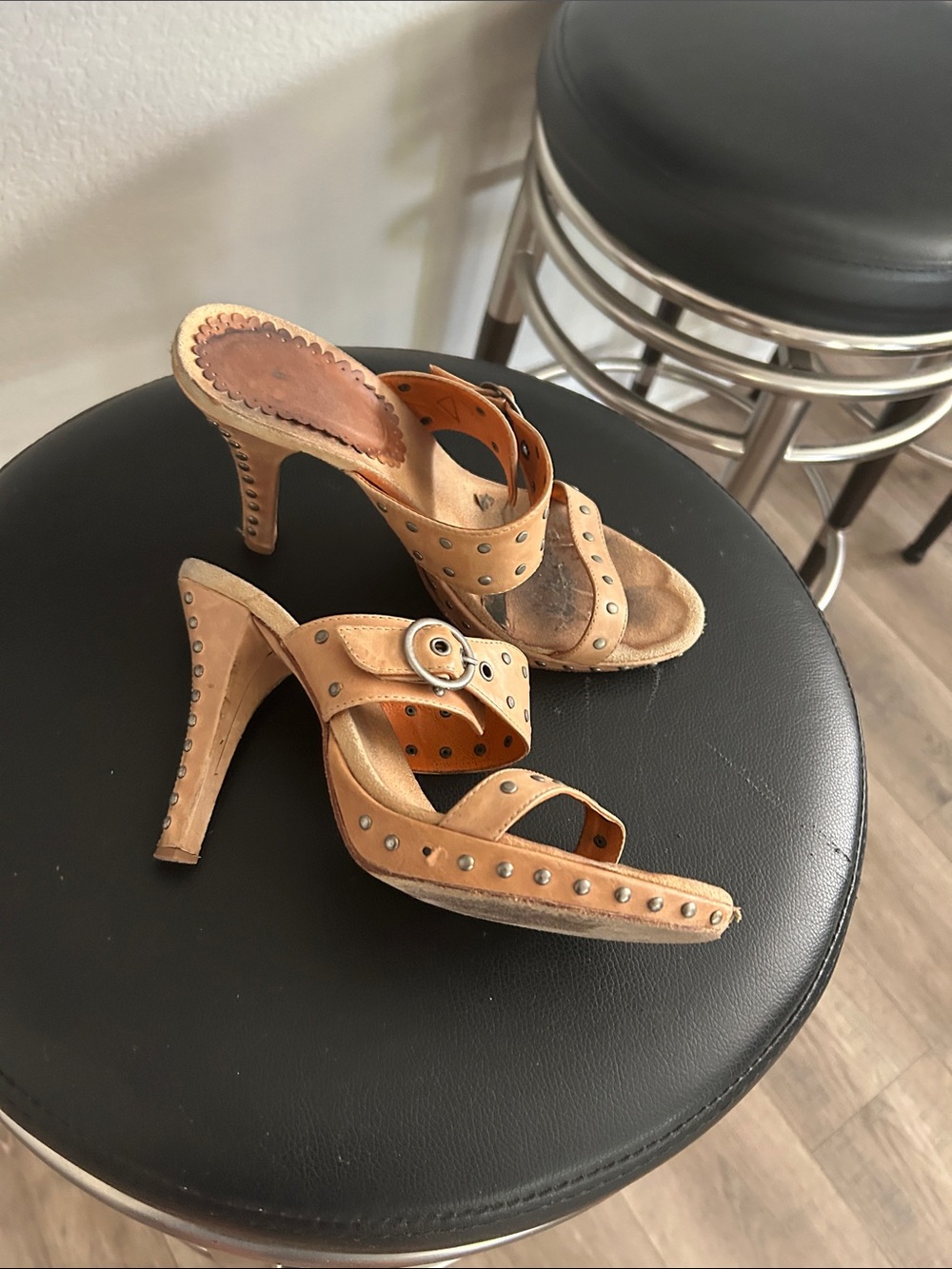 Tan Studded High Heel Slide Sandals